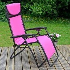 Garden Recliner Chair Zero Gravity Reclining Relaxer Padded Seat In Pink
