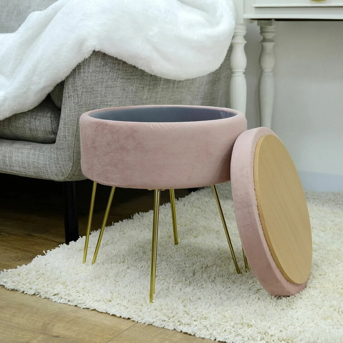 Hodge & Hodge Aria Plush Velvet Storage Stool With Gold Legs - Image 6