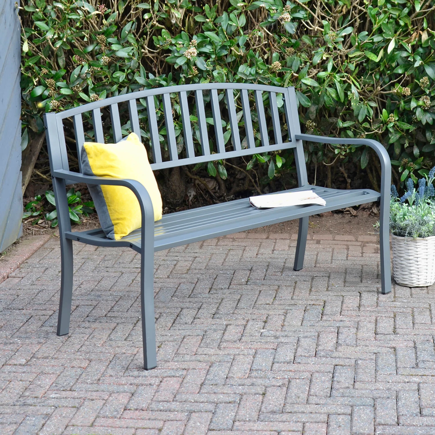 Grey Metal Garden Bench 2 Seater Coated Steel Azuma Cazorla
