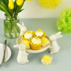 White Rabbits Easter Cupcake Display Plate Sweets Porcelain